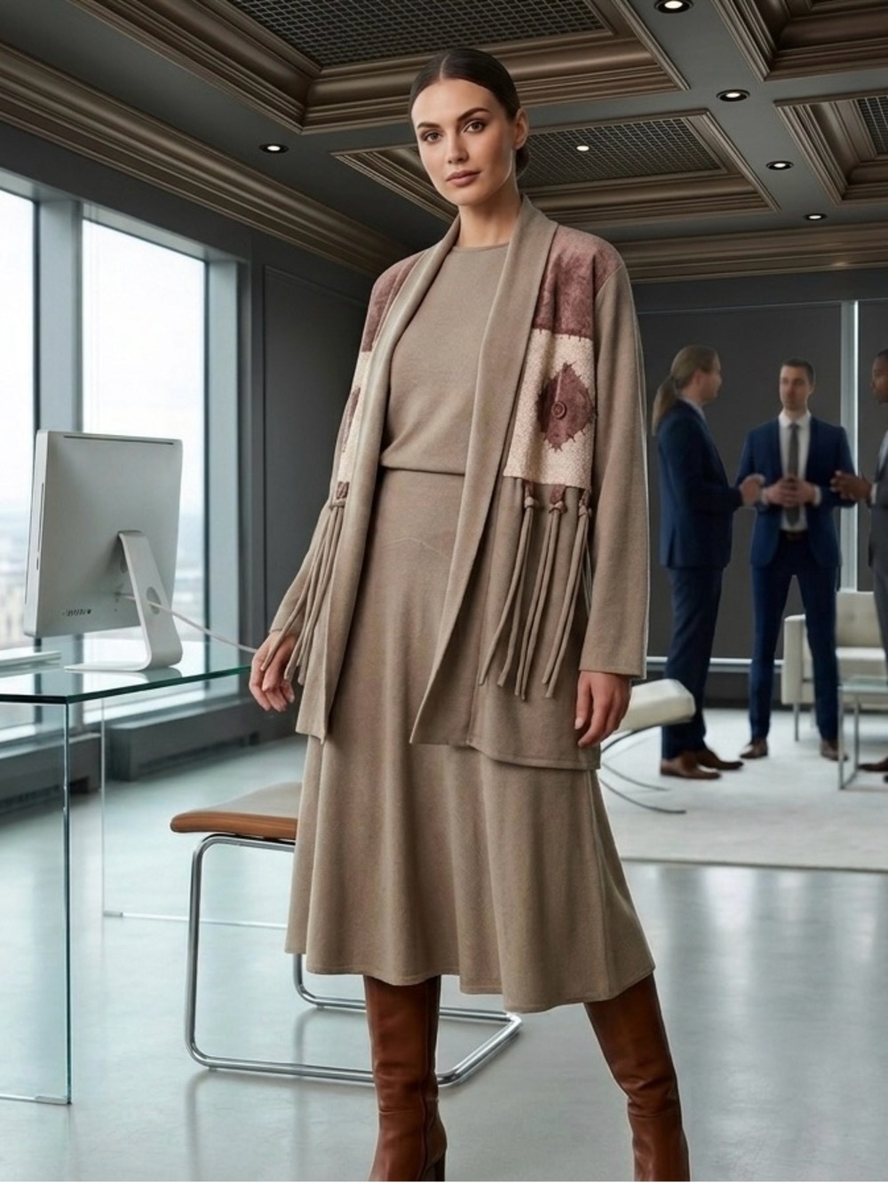 Woman's Taupe Fringe Detail Blazer Jacket, Interior Blouse, and Skirt - 3 Piece